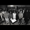 Dave Soldier, Kurt Vonnegut, Richard Auldon Clark with the Manhattan Chamber Orchestra 1995, recording Ice-9 Ballads: far right next to Kurt is Jimmy Justice